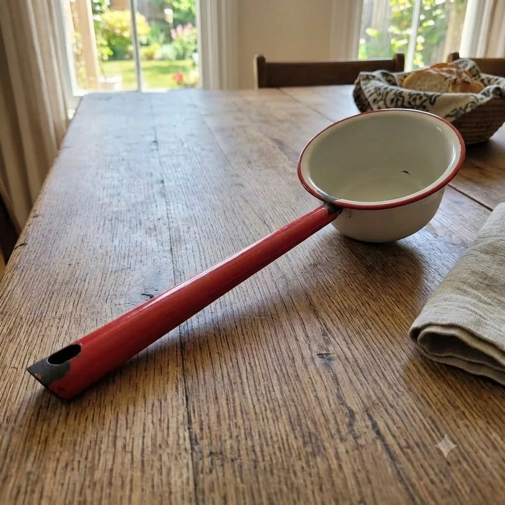 Vintage Enamelware Water Dipper Ladle White Red Rim Farmhouse Primitive 13.5